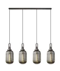 Urasawa Linear 4 Light Pendant With 20cm Tubular Ribbed Glass, Aged Pewter/Matt Black Smoked