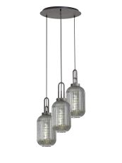 Urasawa 55cm Round 3 Light Pendant With 20cm Tubular Ribbed Glass, Aged Pewter/Matt Black Smoked