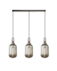 Urasawa Linear 3 Light Pendant With 20cm Tubular Ribbed Glass, Antique Silver/Matt Black Smoked