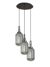 Urasawa 55cm Round 3 Light Pendant With 20cm Tubular Ribbed Glass, Antique Silver/Matt Black Smoked