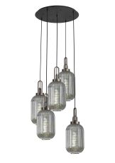 Urasawa 65cm Round 5 Light Pendant With 20cm Tubular Ribbed Glass, Antique Silver/Matt Black Smoked