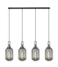 Urasawa Linear 4 Light Pendant With 20cm Tubular Ribbed Glass, Black Chrome/Matt Black Smoked