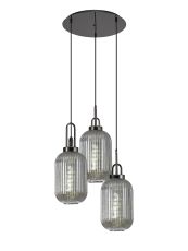 Urasawa 55cm Round 3 Light Pendant With 20cm Tubular Ribbed Glass, Black Chrome/Matt Black Smoked