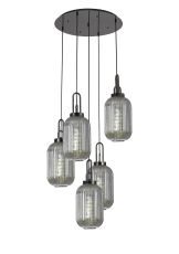 Urasawa 65cm Round 5 Light Pendant With 20cm Tubular Ribbed Glass, Black Chrome/Matt Black Smoked