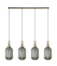 Urasawa Linear 4 Light Pendant With 20cm Tubular Ribbed Glass, Brass Gold/Matt Black Smoked