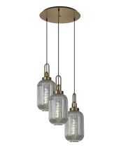 Urasawa 55cm Round 3 Light Pendant With 20cm Tubular Ribbed Glass, Brass Gold/Matt Black Smoked