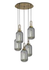 Urasawa 65cm Round 5 Light Pendant With 20cm Tubular Ribbed Glass, Brass Gold/Matt Black Smoked