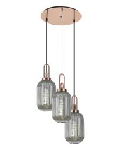 Urasawa 55cm Round 3 Light Pendant With 20cm Tubular Ribbed Glass, Copper/Matt Black Smoked