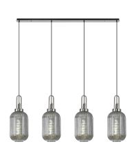 Urasawa Linear 4 Light Pendant With 20cm Tubular Ribbed Glass, Polished Nickel/Matt Black Smoked