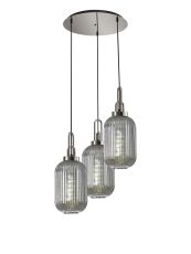 Urasawa 55cm Round 3 Light Pendant With 20cm Tubular Ribbed Glass, Polished Nickel/Matt Black Smoked