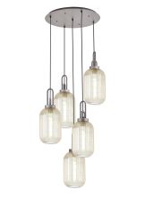 Urasawa 65cm Round 5 Light Pendant With 20cm Tubular Ribbed Glass, Aged Pewter/Matt Black Champagne