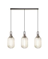 Urasawa Linear 3 Light Pendant With 20cm Tubular Ribbed Glass, Antique Silver/Matt Black Champagne