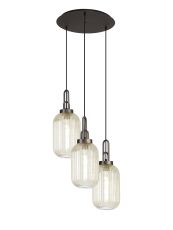 Urasawa 55cm Round 3 Light Pendant With 20cm Tubular Ribbed Glass, Antique Silver/Matt Black Champagne