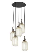 Urasawa 65cm Round 5 Light Pendant With 20cm Tubular Ribbed Glass, Antique Silver/Matt Black Champagne