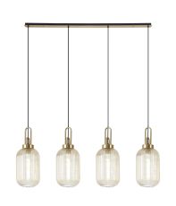 Urasawa Linear 4 Light Pendant With 20cm Tubular Ribbed Glass, Brass Gold/Matt Black Champagne