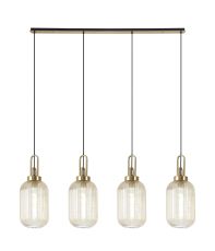 Urasawa Linear 4 Light Pendant With 20cm Tubular Ribbed Glass, Brass Gold/Matt Black Champagne