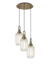 Urasawa 55cm Round 3 Light Pendant With 20cm Tubular Ribbed Glass, Brass Gold/Matt Black Champagne