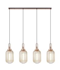 Urasawa Linear 4 Light Pendant With 20cm Tubular Ribbed Glass, Copper/Matt Black Champagne