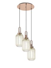 Urasawa 55cm Round 3 Light Pendant With 20cm Tubular Ribbed Glass, Copper/Matt Black Champagne