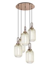 Urasawa 65cm Round 5 Light Pendant With 20cm Tubular Ribbed Glass, Copper/Matt Black Champagne