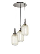 Urasawa 55cm Round 3 Light Pendant With 20cm Tubular Ribbed Glass, Polished Nickel/Matt Black Champagne