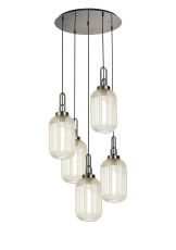 Urasawa 65cm Round 5 Light Pendant With 20cm Tubular Ribbed Glass, Polished Nickel/Matt Black Champagne