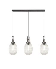 Urasawa Linear 3 Light Pendant With 20cm Almond Ribbed Glass, Aged Pewter/Matt Black Clear