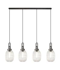 Urasawa Linear 4 Light Pendant With 20cm Almond Ribbed Glass, Aged Pewter/Matt Black Clear