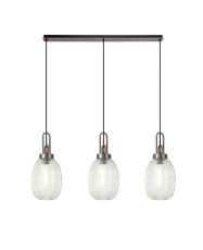 Urasawa Linear 3 Light Pendant With 20cm Almond Ribbed Glass, Antique Silver/Matt Black Clear