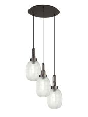 Urasawa 55cm Round 3 Light Pendant With 20cm Almond Ribbed Glass, Antique Silver/Matt Black Clear