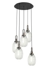 Urasawa 65cm Round 5 Light Pendant With 20cm Almond Ribbed Glass, Antique Silver/Matt Black Clear