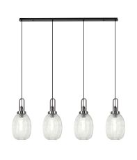 Urasawa Linear 4 Light Pendant With 20cm Almond Ribbed Glass, Black Chrome/Matt Black Clear