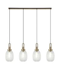 Urasawa Linear 4 Light Pendant With 20cm Almond Ribbed Glass, Brass Gold/Matt Black Clear