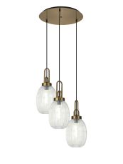 Urasawa 55cm Round 3 Light Pendant With 20cm Almond Ribbed Glass, Brass Gold/Matt Black Clear