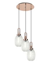 Urasawa 55cm Round 3 Light Pendant With 20cm Almond Ribbed Glass, Copper/Matt Black Clear