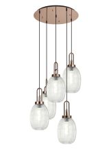 Urasawa 65cm Round 5 Light Pendant With 20cm Almond Ribbed Glass, Copper/Matt Black Clear