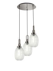 Urasawa 55cm Round 3 Light Pendant With 20cm Almond Ribbed Glass, Polished Nickel/Matt Black Clear