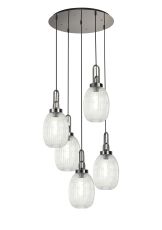 Urasawa 65cm Round 5 Light Pendant With 20cm Almond Ribbed Glass, Polished Nickel/Matt Black Clear