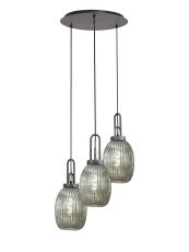 Urasawa 55cm Round 3 Light Pendant With 20cm Almond Ribbed Glass, Aged Pewter/Matt Black Smoked