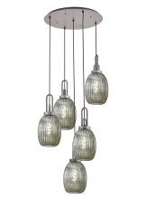 Urasawa 65cm Round 5 Light Pendant With 20cm Almond Ribbed Glass, Aged Pewter/Matt Black Smoked