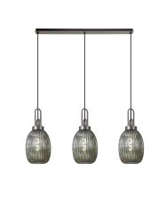 Urasawa Linear 3 Light Pendant With 20cm Almond Ribbed Glass, Antique Silver/Matt Black Smoked