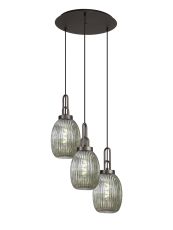 Urasawa 55cm Round 3 Light Pendant With 20cm Almond Ribbed Glass, Antique Silver/Matt Black Smoked