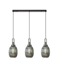 Urasawa Linear 3 Light Pendant With 20cm Almond Ribbed Glass, Black Chrome/Matt Black Smoked