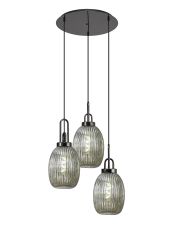 Urasawa 55cm Round 3 Light Pendant With 20cm Almond Ribbed Glass, Black Chrome/Matt Black Smoked