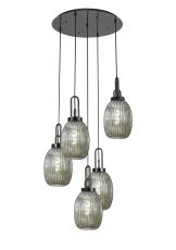 Urasawa 65cm Round 5 Light Pendant With 20cm Almond Ribbed Glass, Black Chrome/Matt Black Smoked