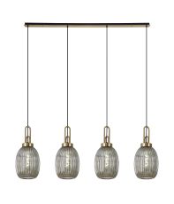 Urasawa Linear 4 Light Pendant With 20cm Almond Ribbed Glass, Brass Gold/Matt Black Smoked