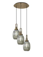 Urasawa 55cm Round 3 Light Pendant With 20cm Almond Ribbed Glass, Brass Gold/Matt Black Smoked