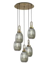 Urasawa 65cm Round 5 Light Pendant With 20cm Almond Ribbed Glass, Brass Gold/Matt Black Smoked