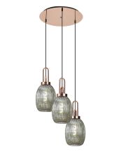 Urasawa 55cm Round 3 Light Pendant With 20cm Almond Ribbed Glass, Copper/Matt Black Smoked