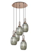 Urasawa 65cm Round 5 Light Pendant With 20cm Almond Ribbed Glass, Copper/Matt Black Smoked